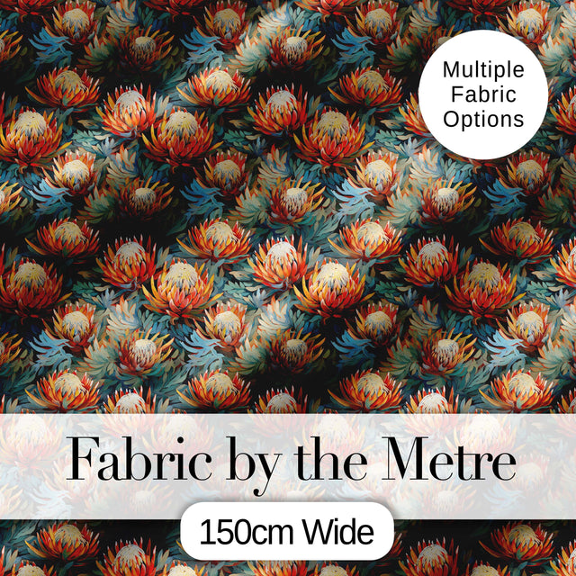 Artistic Protea Floral with Blue Leaves Seamless Pattern Digital Print Fabric by the Metre UK Sewing Quilting Textile