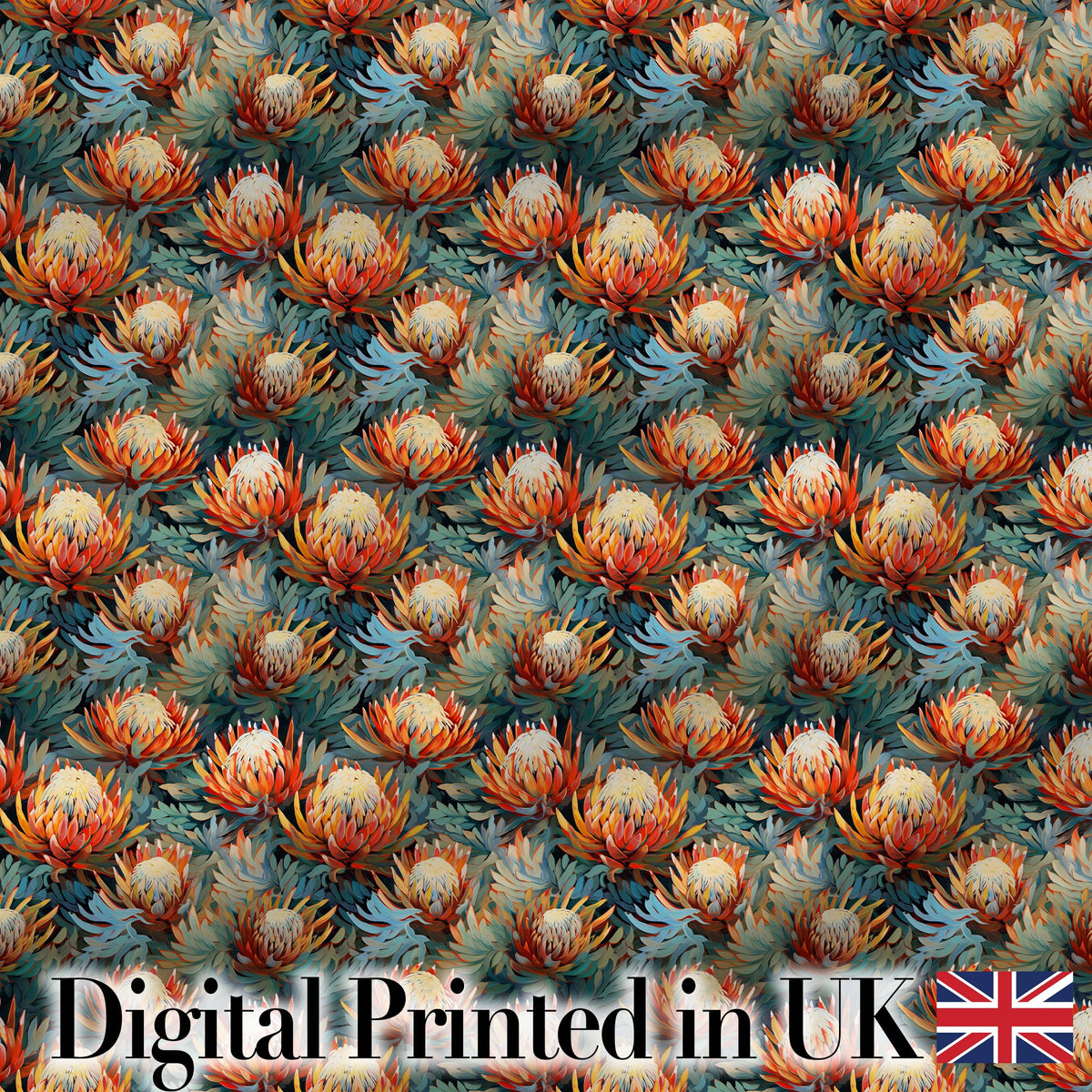 Artistic Protea Floral with Blue Leaves Seamless Pattern Digital Print Fabric by the Metre UK Sewing Quilting Textile