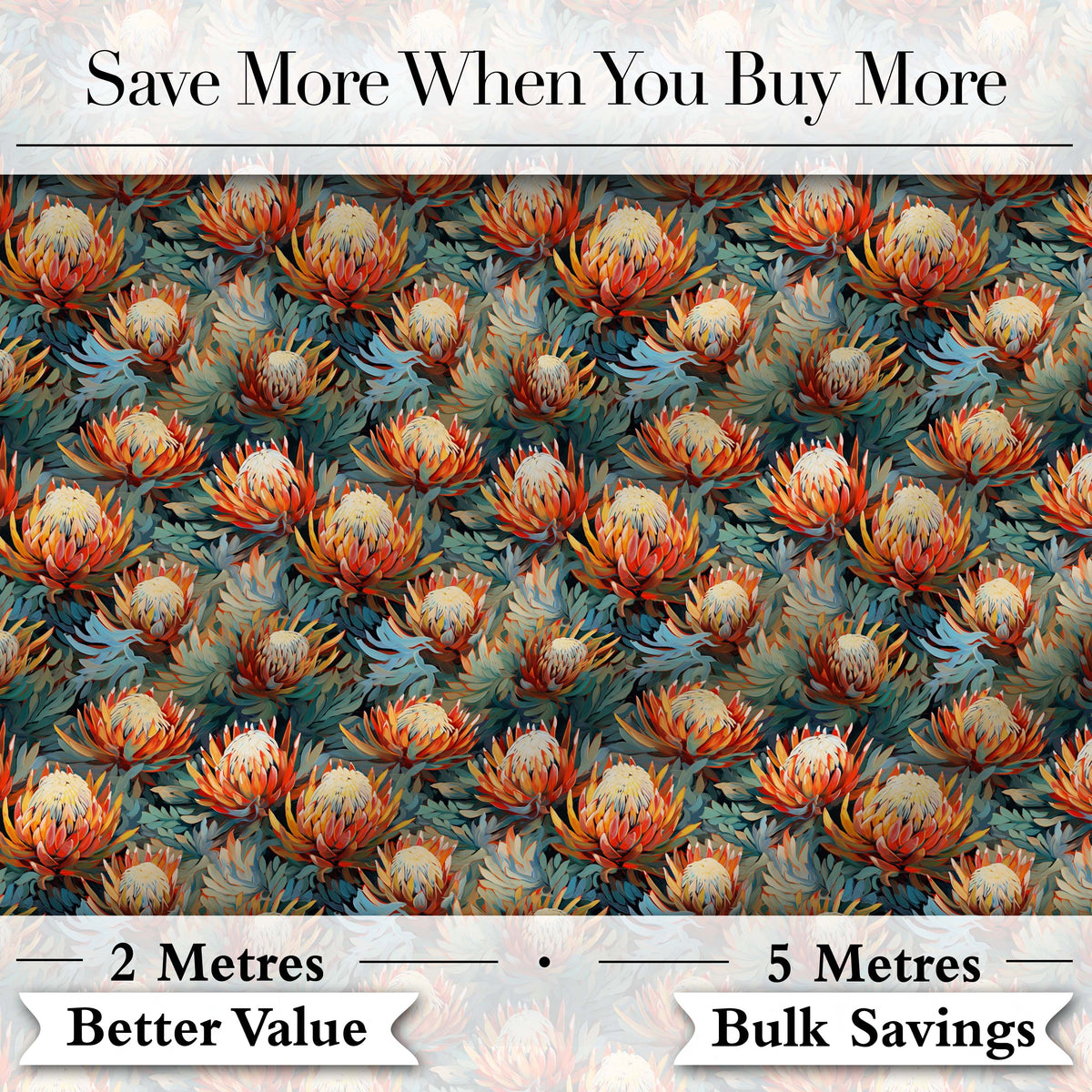 Artistic Protea Floral with Blue Leaves Seamless Pattern Digital Print Fabric by the Metre UK Sewing Quilting Textile