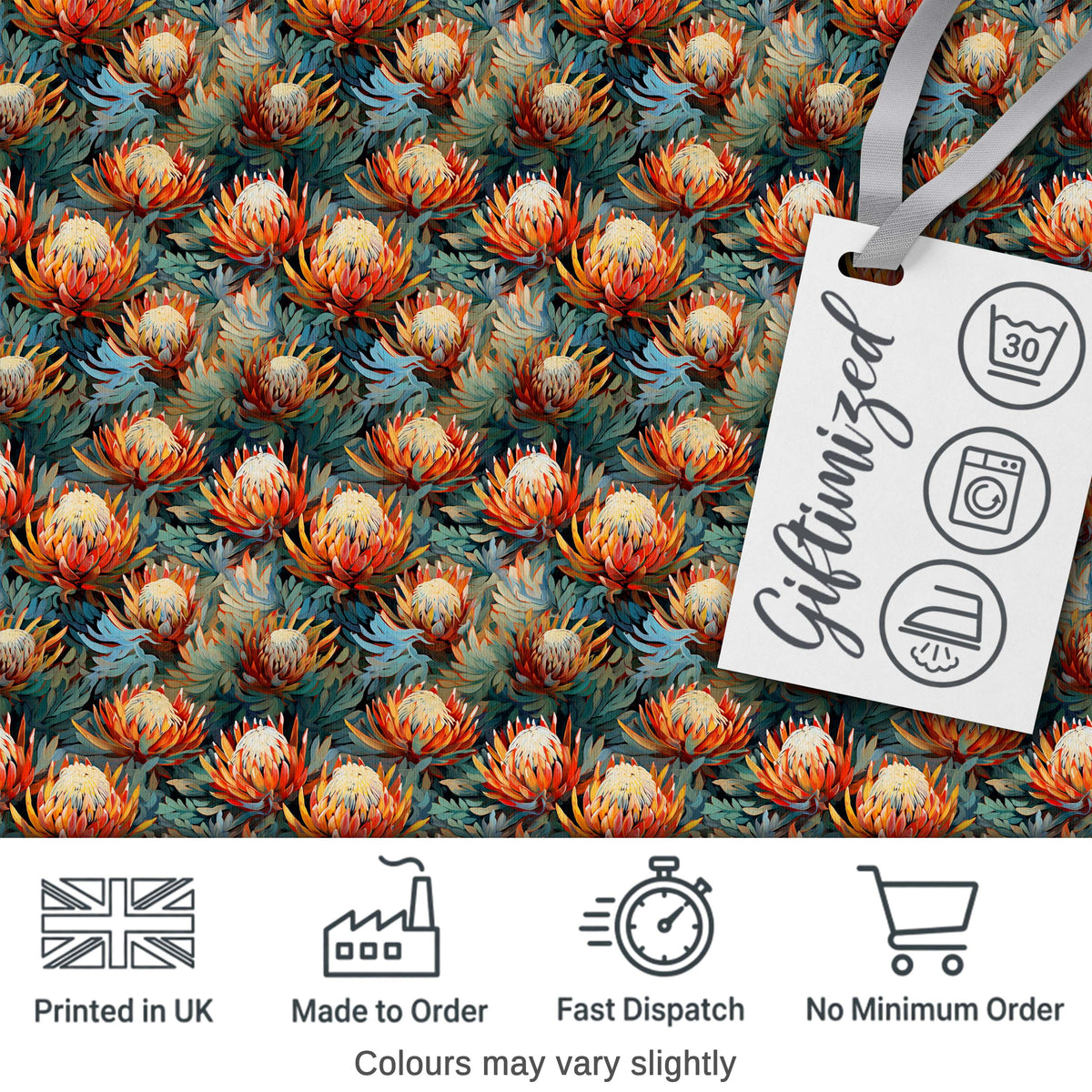 Artistic Protea Floral with Blue Leaves Seamless Pattern Digital Print Fabric by the Metre UK Sewing Quilting Textile