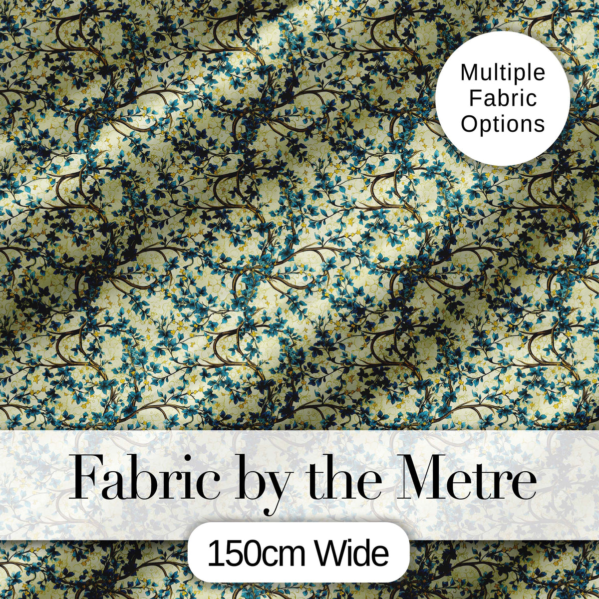 Elegant Blue Floral Branches on Cream Background Seamless Pattern Digital Print Fabric by the Metre UK Sewing Quilting Textile
