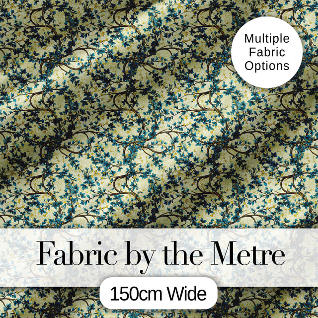 Elegant Blue Floral Branches on Cream Background Seamless Pattern Digital Print Fabric by the Metre UK Sewing Quilting Textile