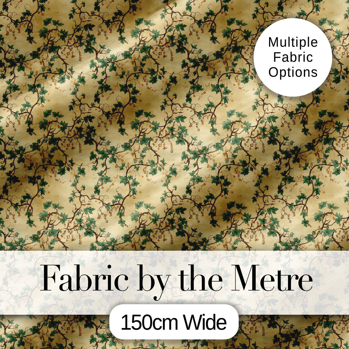 Classic Vine Leaves and Berries Botanical Seamless Pattern Digital Print Fabric by the Metre UK Sewing Quilting Textile
