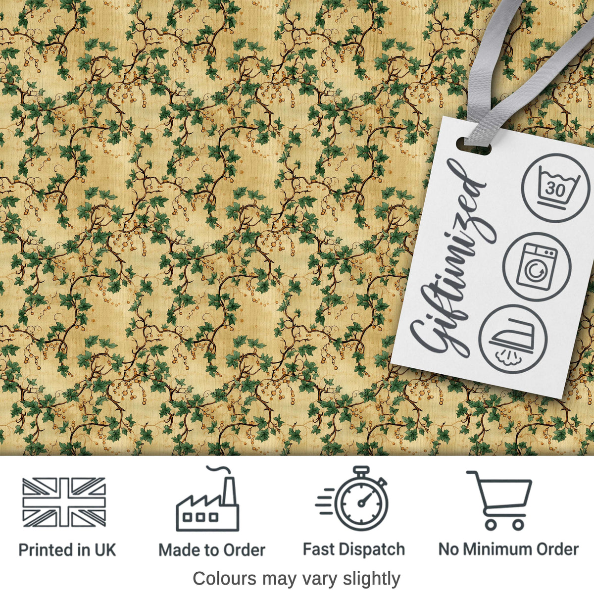 Classic Vine Leaves and Berries Botanical Seamless Pattern Digital Print Fabric by the Metre UK Sewing Quilting Textile