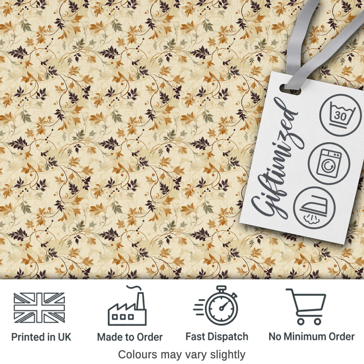 Elegant Autumn Leaves and Swirling Vines Seamless Pattern Digital Print Fabric by the Metre UK Sewing Quilting Textile
