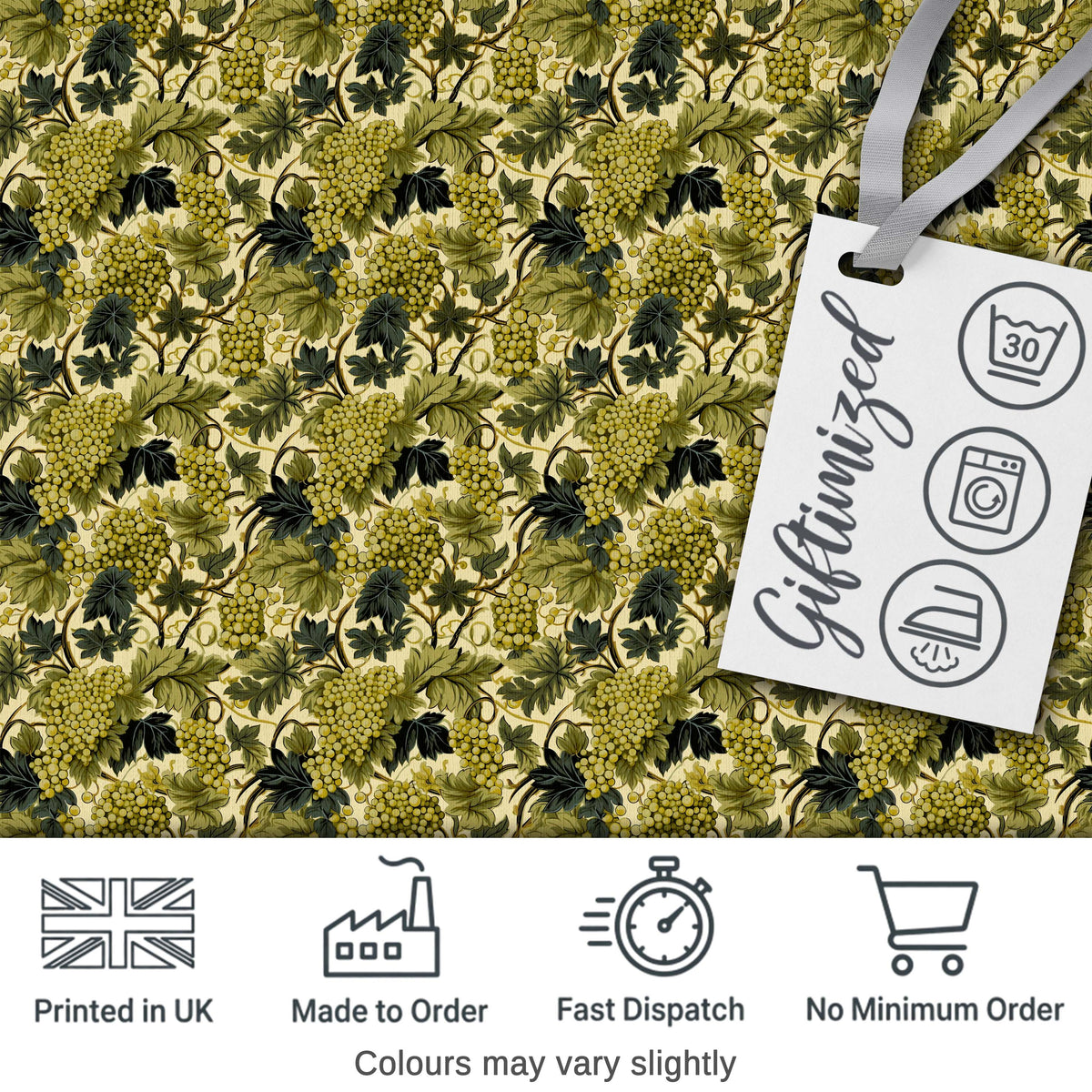 Classic Vineyard Grapes and Leaves Botanical Seamless Pattern Digital Print Fabric by the Metre UK Sewing Quilting Textile