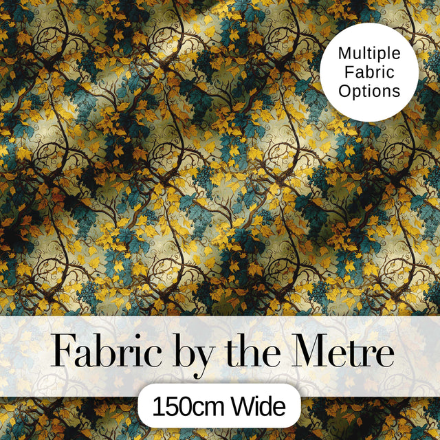 Golden Yellow Leaves and Teal Foliage Artistic Vine Seamless Pattern Digital Print Fabric by the Metre UK Sewing Quilting Textile