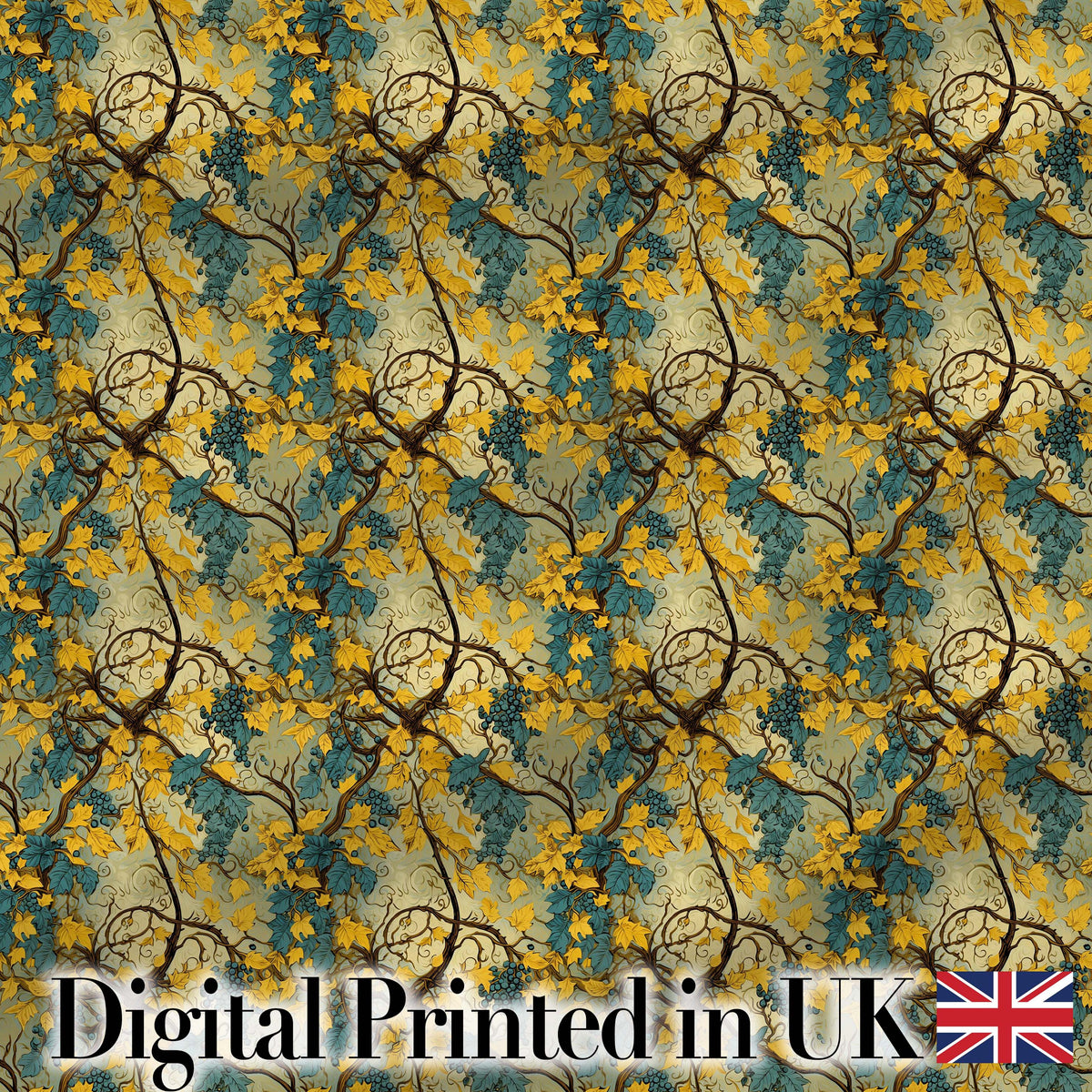 Golden Yellow Leaves and Teal Foliage Artistic Vine Seamless Pattern Digital Print Fabric by the Metre UK Sewing Quilting Textile