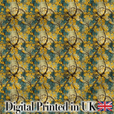 Golden Yellow Leaves and Teal Foliage Artistic Vine Seamless Pattern Digital Print Fabric by the Metre UK Sewing Quilting Textile