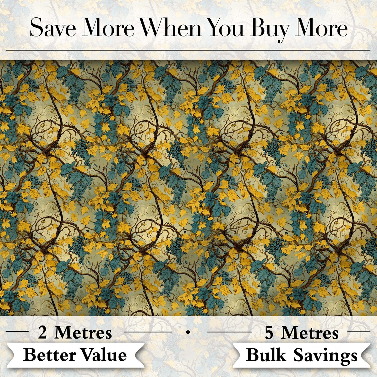 Golden Yellow Leaves and Teal Foliage Artistic Vine Seamless Pattern Digital Print Fabric by the Metre UK Sewing Quilting Textile