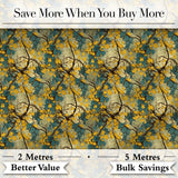 Golden Yellow Leaves and Teal Foliage Artistic Vine Seamless Pattern Digital Print Fabric by the Metre UK Sewing Quilting Textile