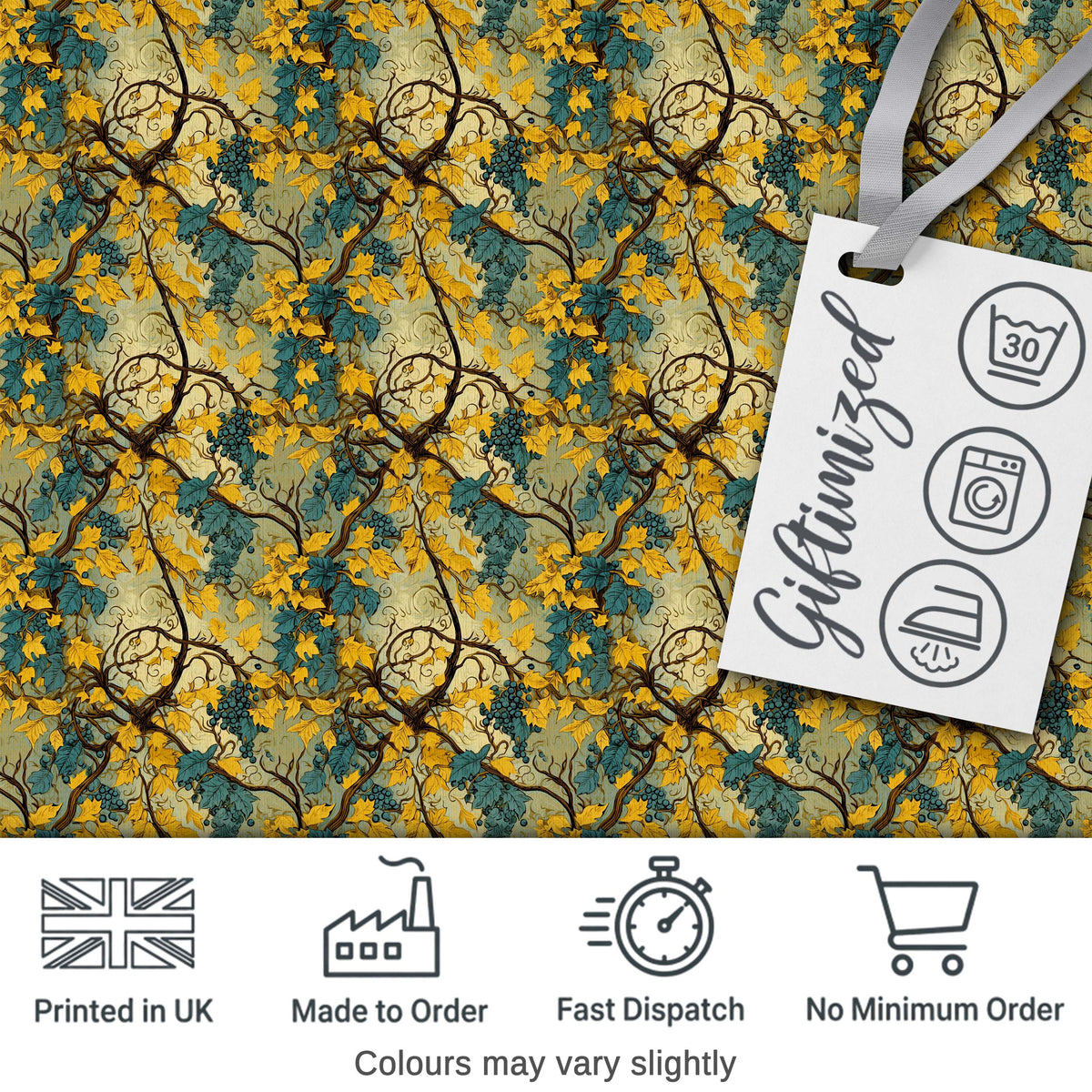 Golden Yellow Leaves and Teal Foliage Artistic Vine Seamless Pattern Digital Print Fabric by the Metre UK Sewing Quilting Textile