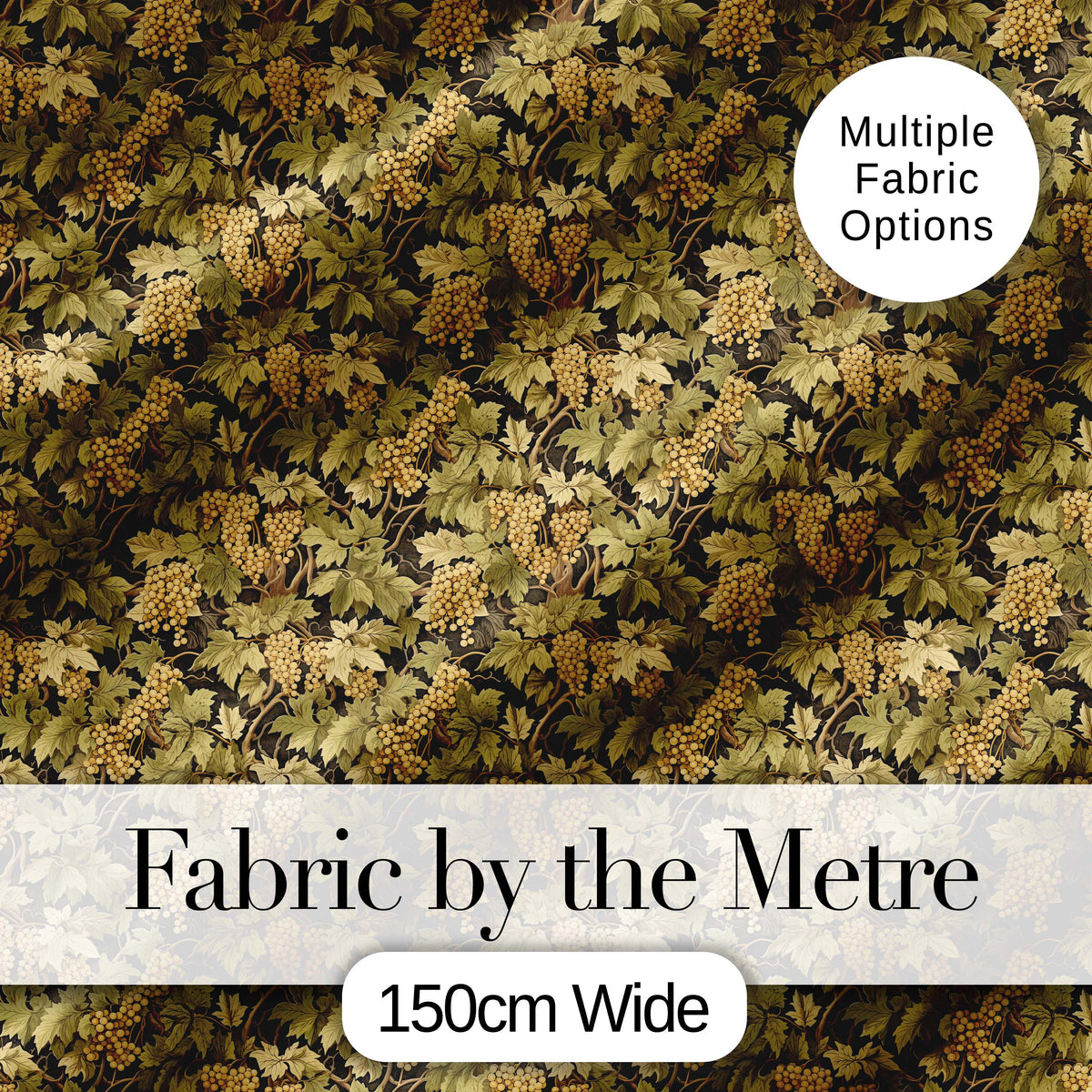 Vintage Vineyard Grapes and Leaves on Dark Background Seamless Pattern Digital Print Fabric by the Metre UK Sewing Quilting Textile