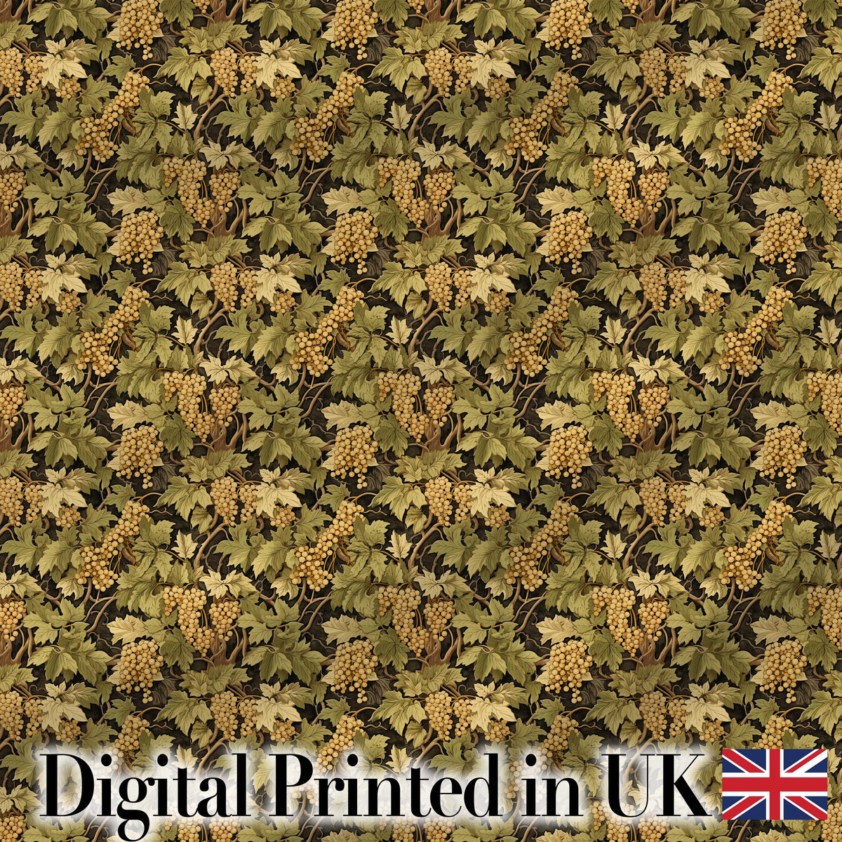 Vintage Vineyard Grapes and Leaves on Dark Background Seamless Pattern Digital Print Fabric by the Metre UK Sewing Quilting Textile