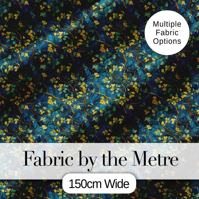 Deep Blue Background with Yellow Leaves and Flowing Branches Seamless Pattern Digital Print Fabric by the Metre UK Sewing Quilting Textile