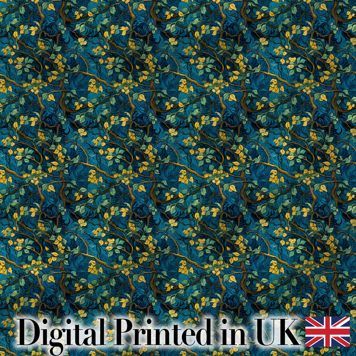 Deep Blue Background with Yellow Leaves and Flowing Branches Seamless Pattern Digital Print Fabric by the Metre UK Sewing Quilting Textile