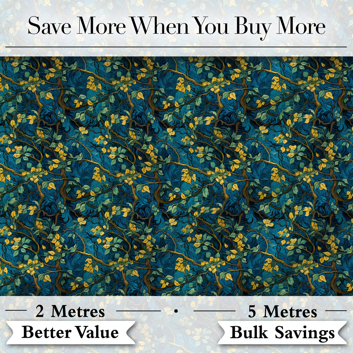 Deep Blue Background with Yellow Leaves and Flowing Branches Seamless Pattern Digital Print Fabric by the Metre UK Sewing Quilting Textile