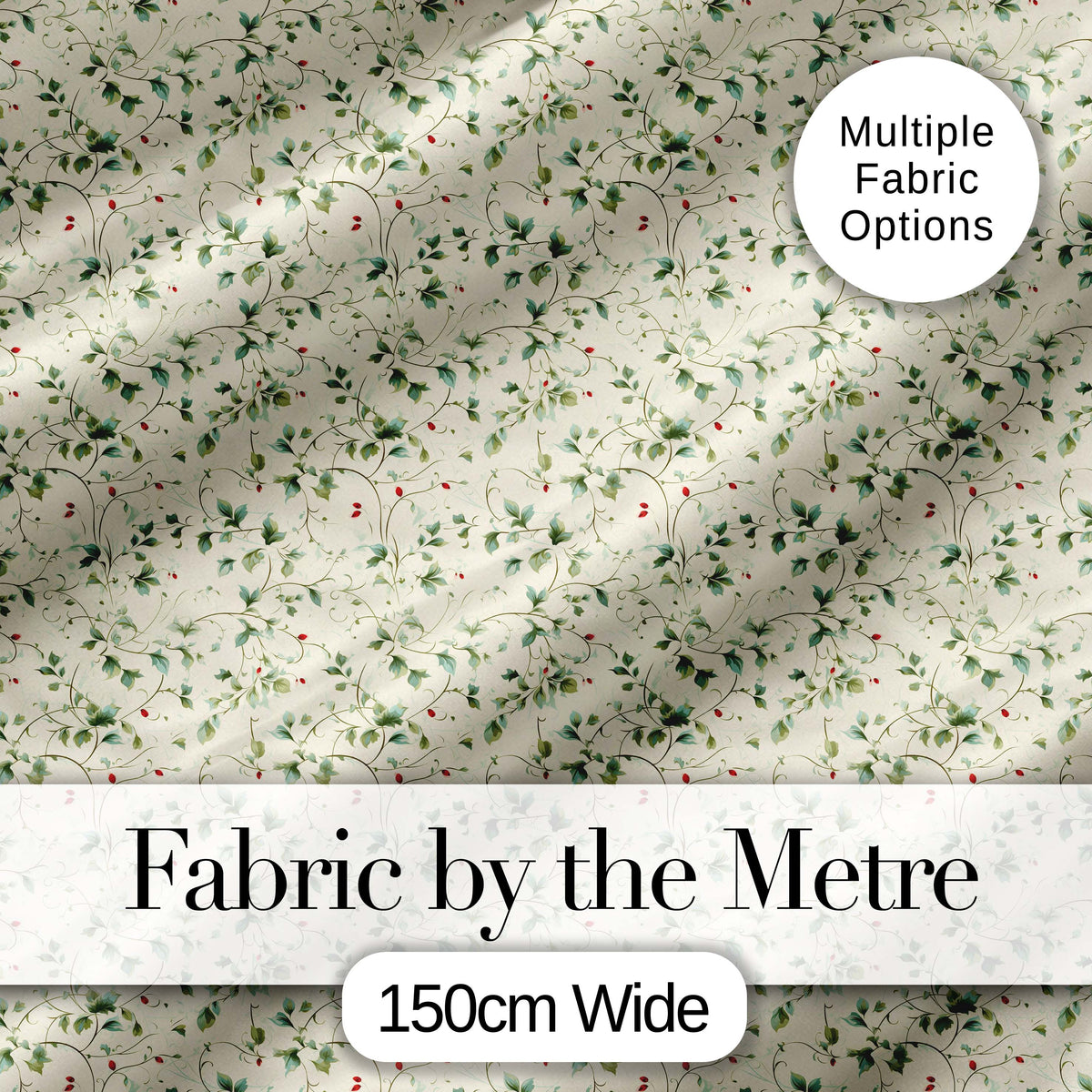Delicate Green Vine Leaves with Small Red Berries Seamless Pattern Digital Print Fabric by the Metre UK Sewing Quilting Textile