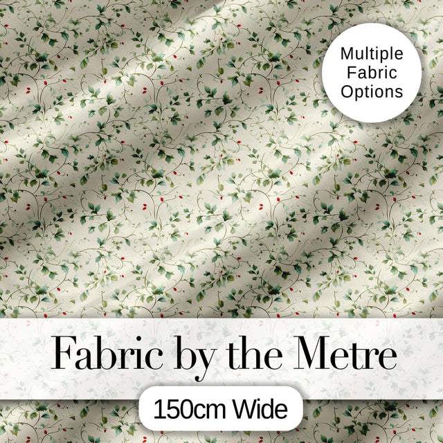 Delicate Green Vine Leaves with Small Red Berries Seamless Pattern Digital Print Fabric by the Metre UK Sewing Quilting Textile