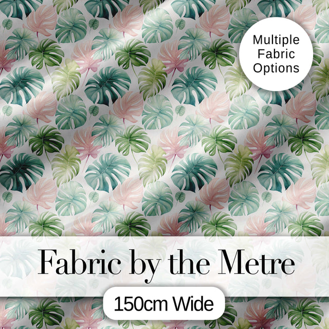 Pastel Tropical Monstera Leaves in Soft Pink and Green Seamless Pattern Digital Print Fabric by the Metre UK Sewing Quilting Textile
