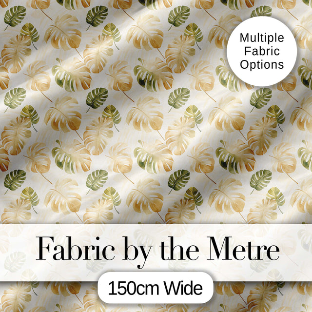 Warm Beige and Green Monstera Leaves Soft Tropical Seamless Pattern Digital Print Fabric by the Metre UK Sewing Quilting Textile