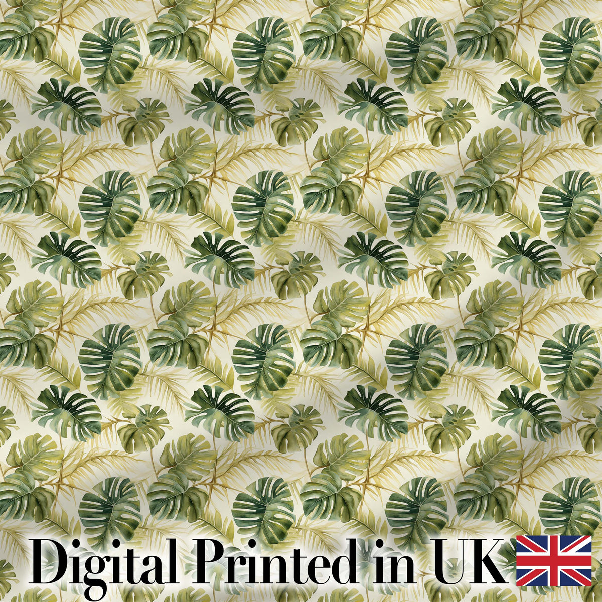 Layered Tropical Monstera and Palm Leaves Natural Green Seamless Pattern Digital Print Fabric by the Metre UK Sewing Quilting Textile