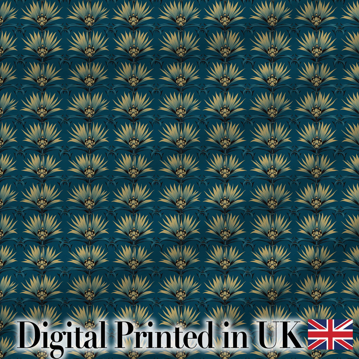Art Deco Gold and Teal Floral Fan Seamless Pattern Digital Print Fabric by the Metre UK Sewing Quilting Textile