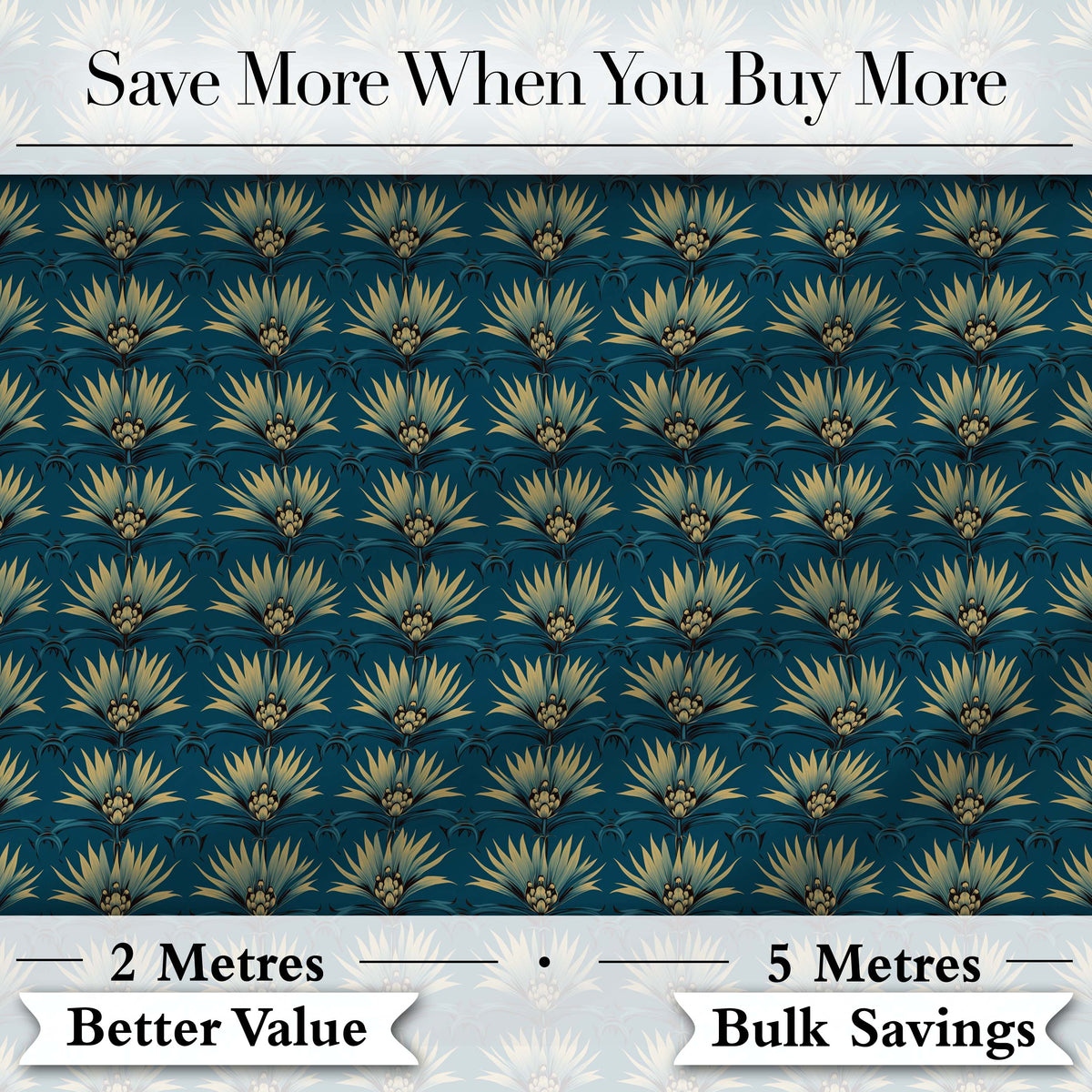Art Deco Gold and Teal Floral Fan Seamless Pattern Digital Print Fabric by the Metre UK Sewing Quilting Textile