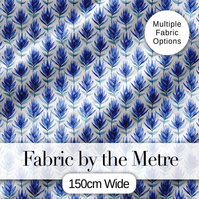 Delicate Blue Leaf Watercolor Botanical Seamless Pattern Digital Print Fabric by the Metre UK Sewing Quilting Textile