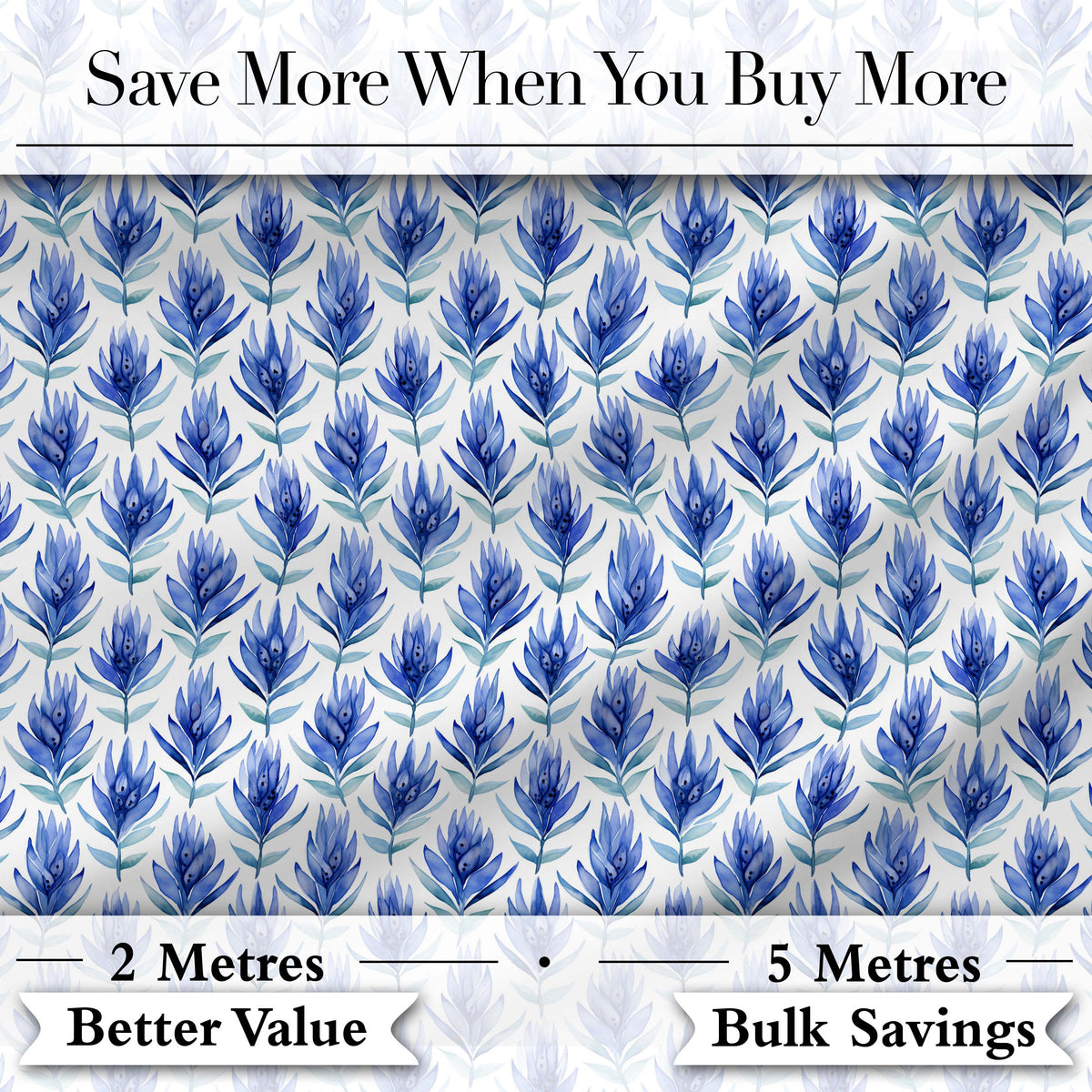 Delicate Blue Leaf Watercolor Botanical Seamless Pattern Digital Print Fabric by the Metre UK Sewing Quilting Textile