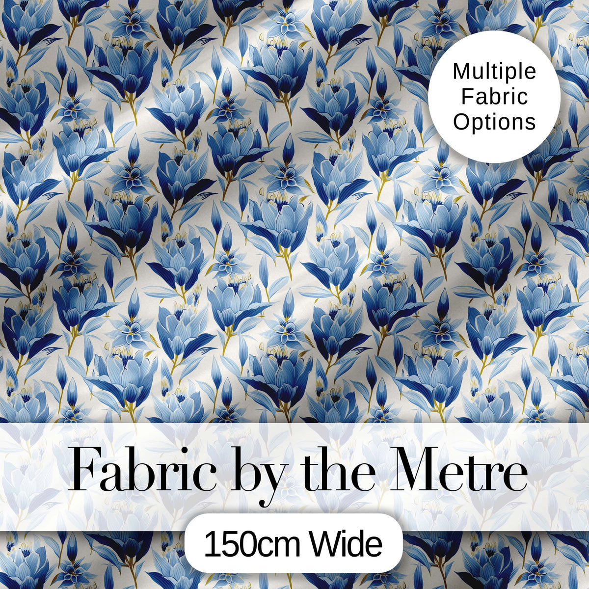Blue Floral Botanical Elegant Seamless Pattern Digital Print Fabric by the Metre UK Sewing Quilting Textile