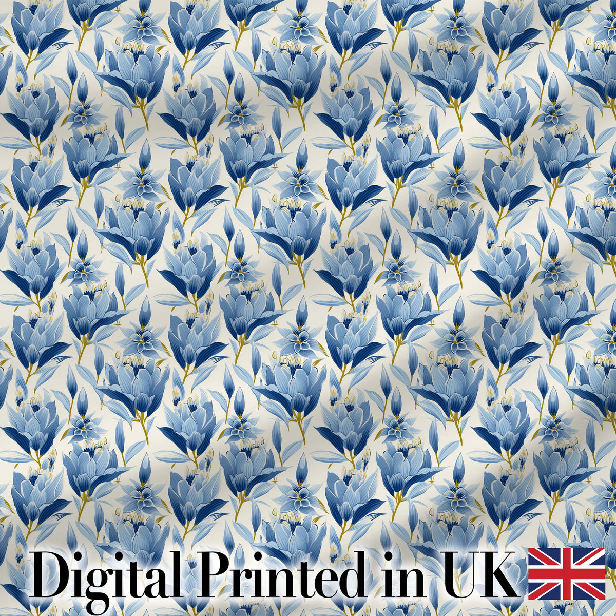 Blue Floral Botanical Elegant Seamless Pattern Digital Print Fabric by the Metre UK Sewing Quilting Textile