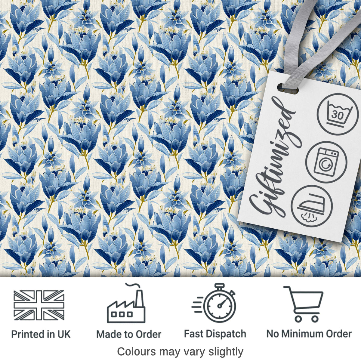Blue Floral Botanical Elegant Seamless Pattern Digital Print Fabric by the Metre UK Sewing Quilting Textile