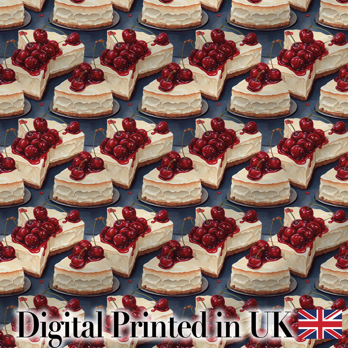 Cherry Cheesecake Dessert Sweet Treat Seamless Pattern Digital Print Fabric by the Metre UK Sewing Quilting Textile