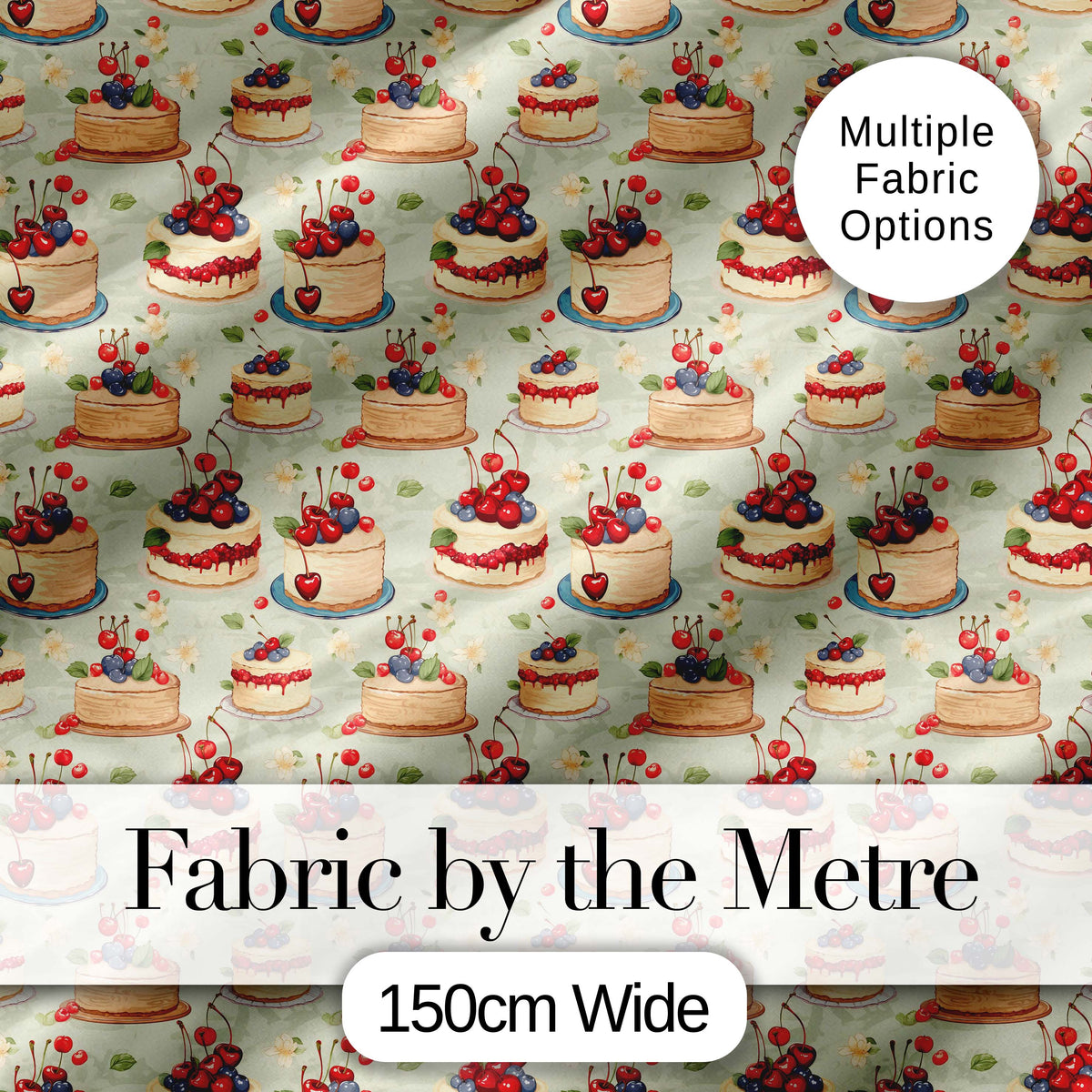 Cherry Topped Celebration Cakes Cute Dessert Seamless Pattern Digital Print Fabric by the Metre UK Sewing Quilting Textile