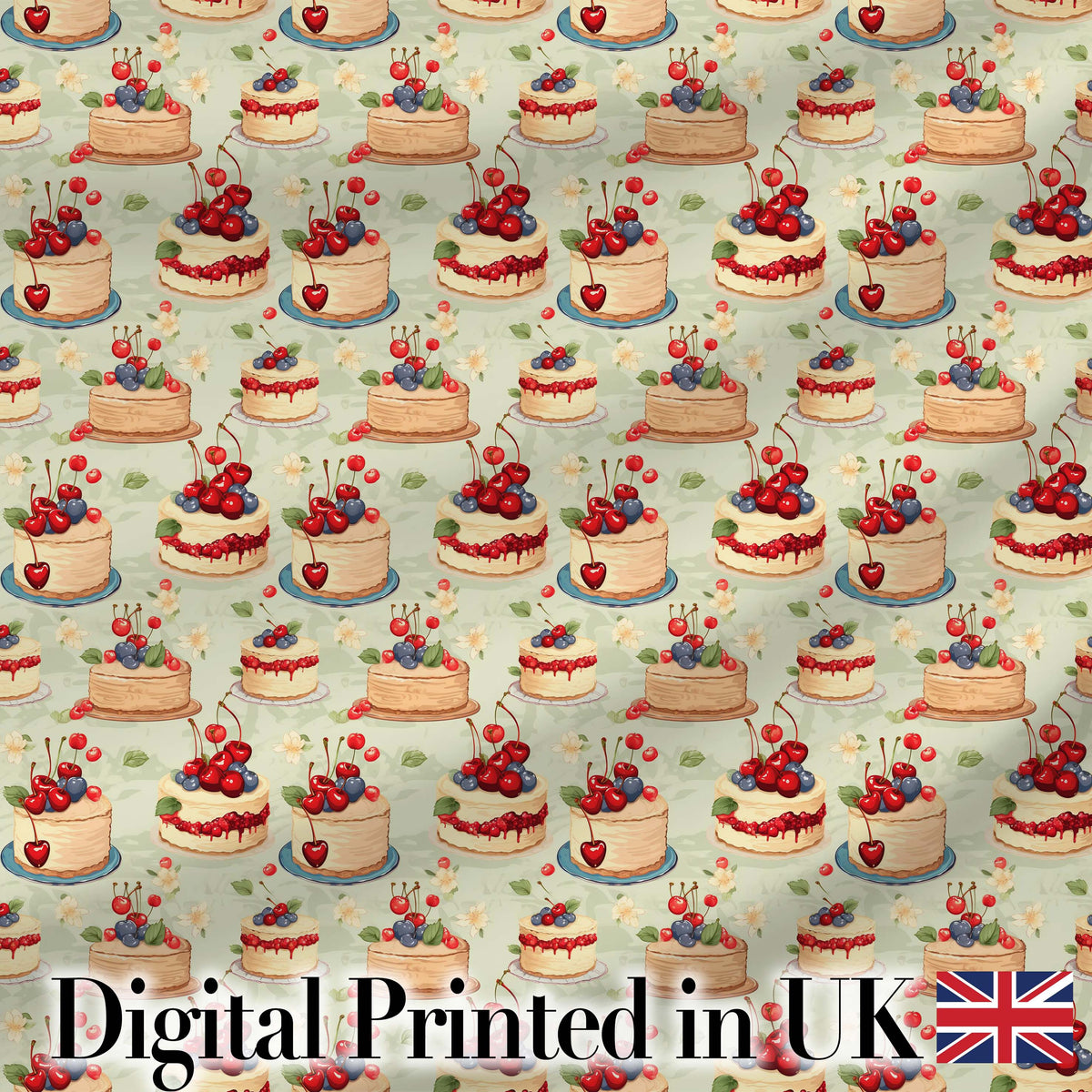 Cherry Topped Celebration Cakes Cute Dessert Seamless Pattern Digital Print Fabric by the Metre UK Sewing Quilting Textile