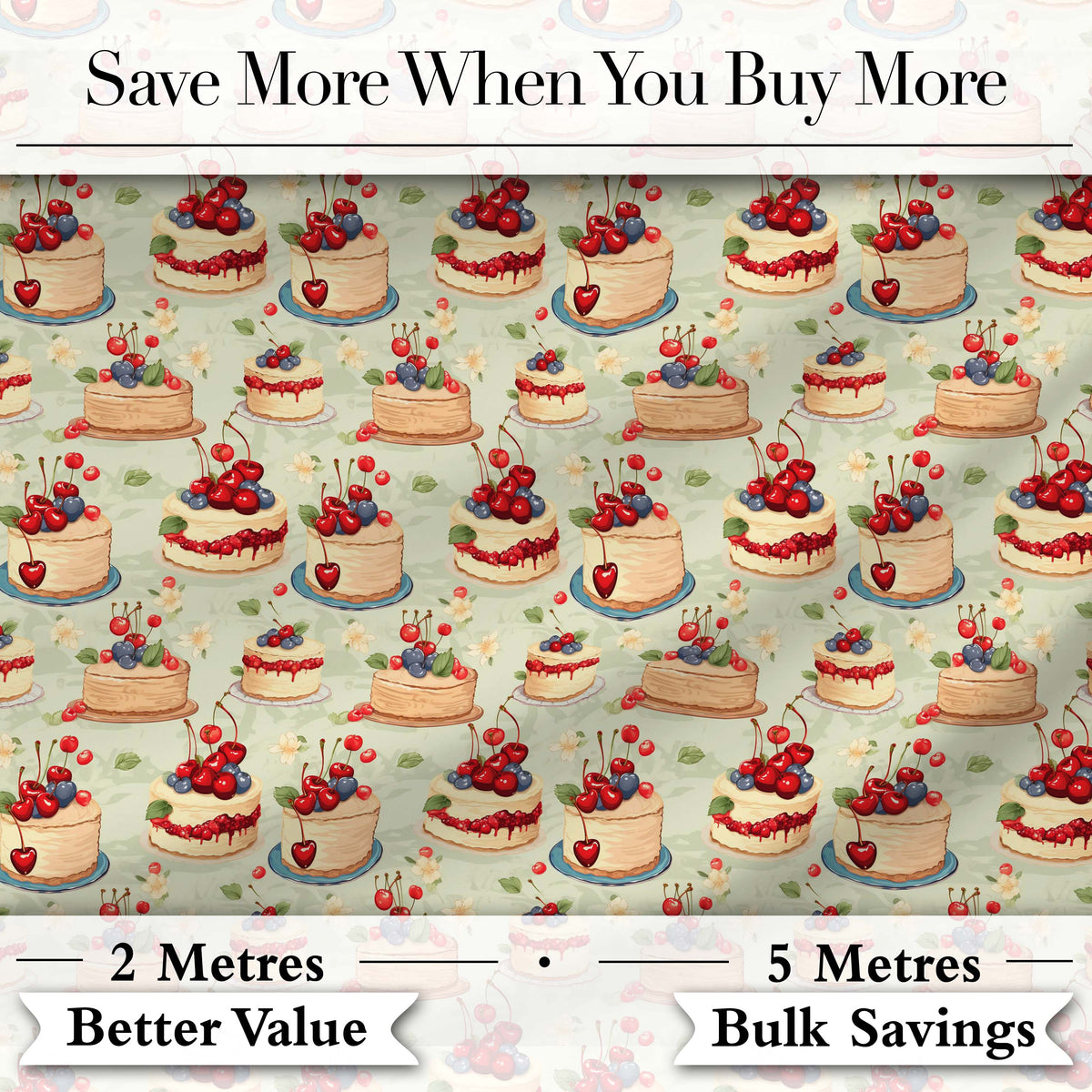 Cherry Topped Celebration Cakes Cute Dessert Seamless Pattern Digital Print Fabric by the Metre UK Sewing Quilting Textile