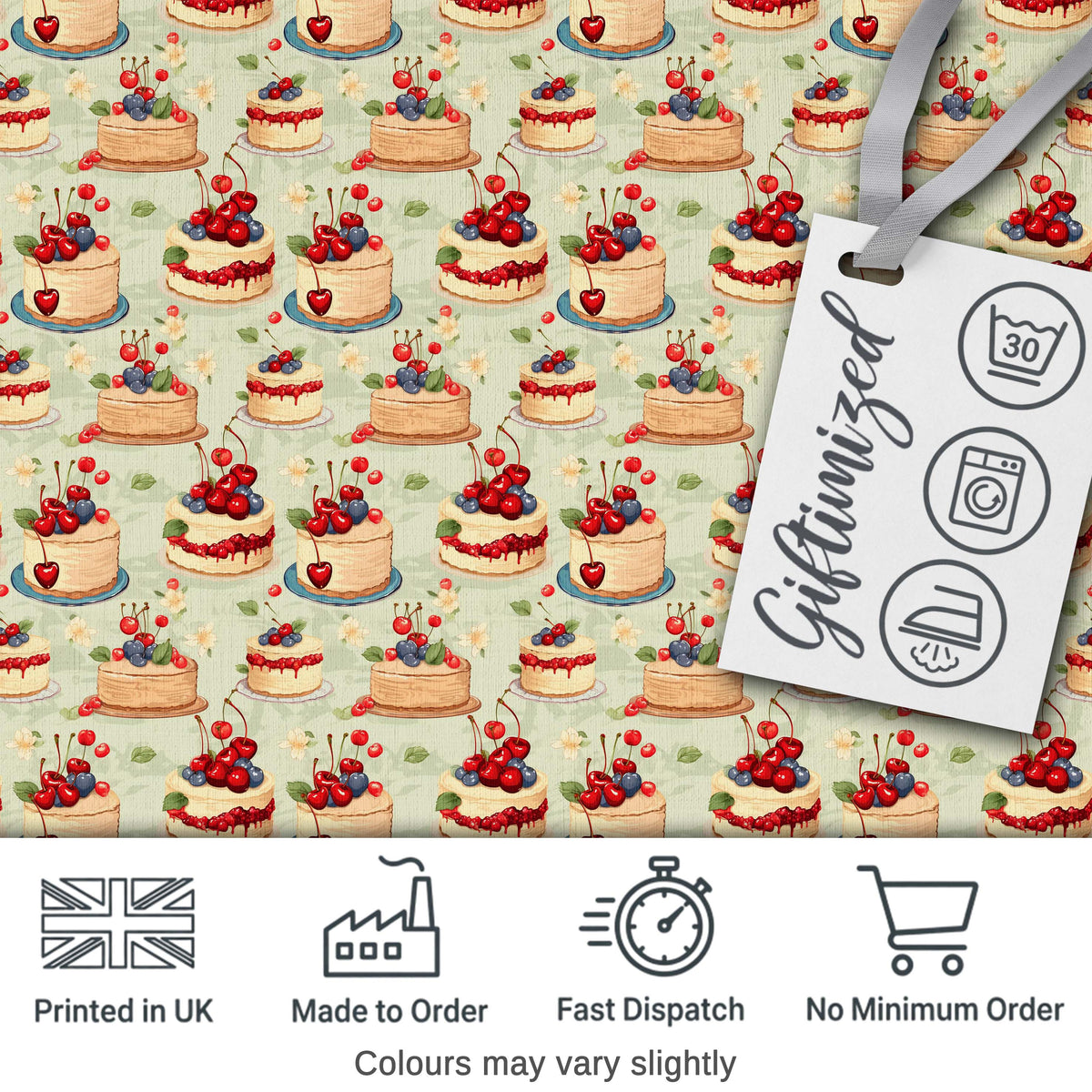 Cherry Topped Celebration Cakes Cute Dessert Seamless Pattern Digital Print Fabric by the Metre UK Sewing Quilting Textile