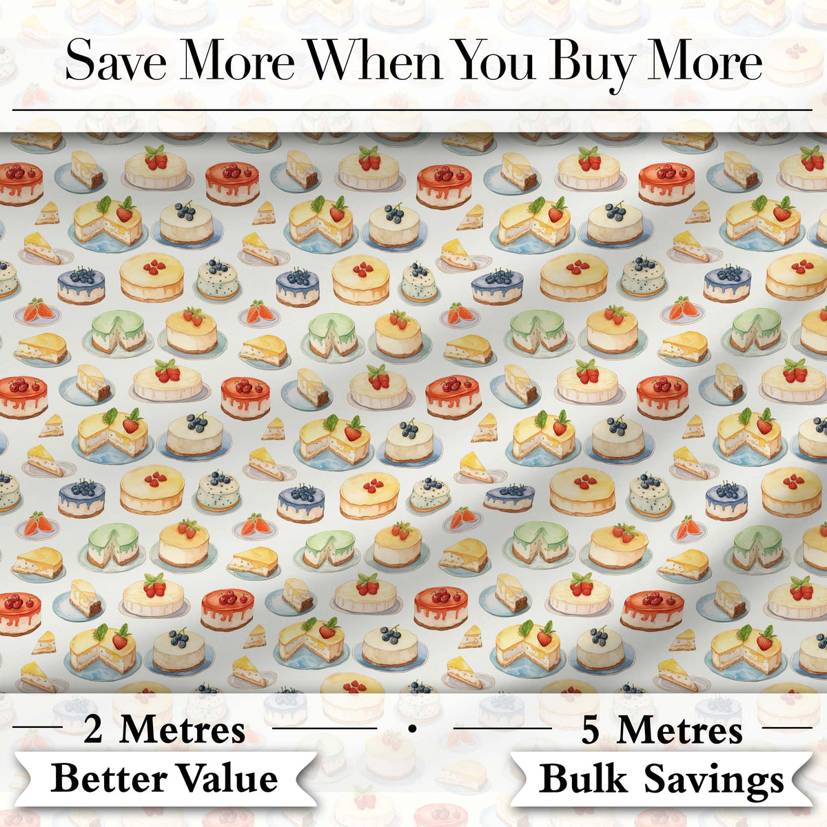 Colorful Mini Cakes and Fruit Dessert Seamless Pattern Digital Print Fabric by the Metre UK Sewing Quilting Textile