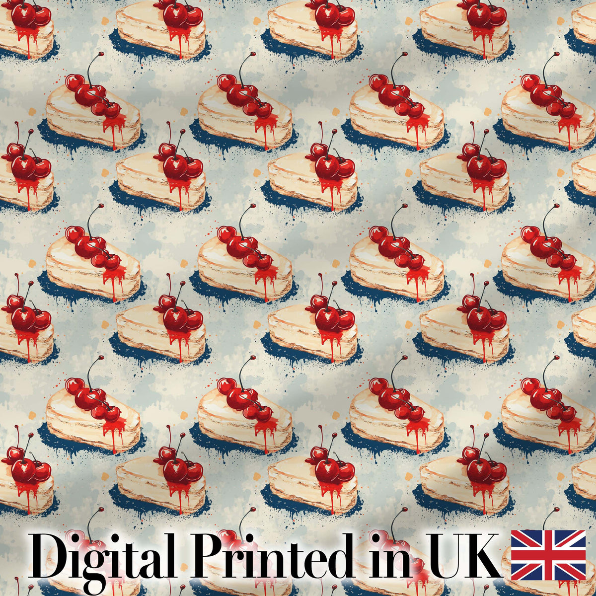 Cherry Drip Cheesecake Slice Vintage Dessert Seamless Pattern Digital Print Fabric by the Metre UK Sewing Quilting Textile