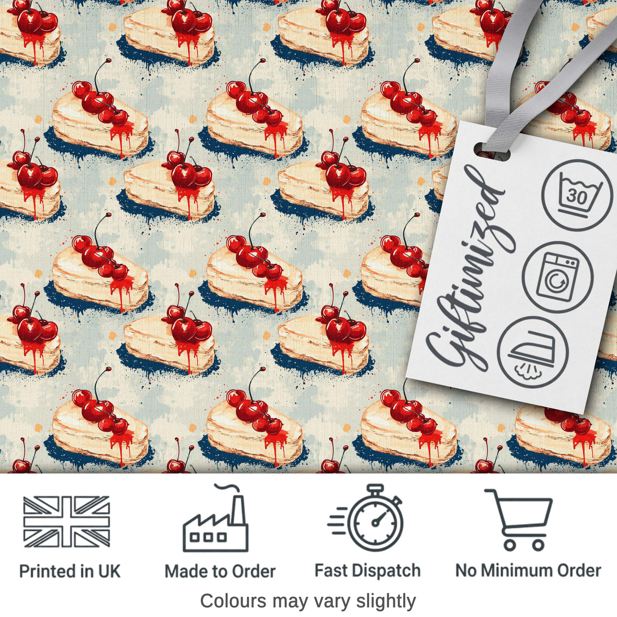 Cherry Drip Cheesecake Slice Vintage Dessert Seamless Pattern Digital Print Fabric by the Metre UK Sewing Quilting Textile