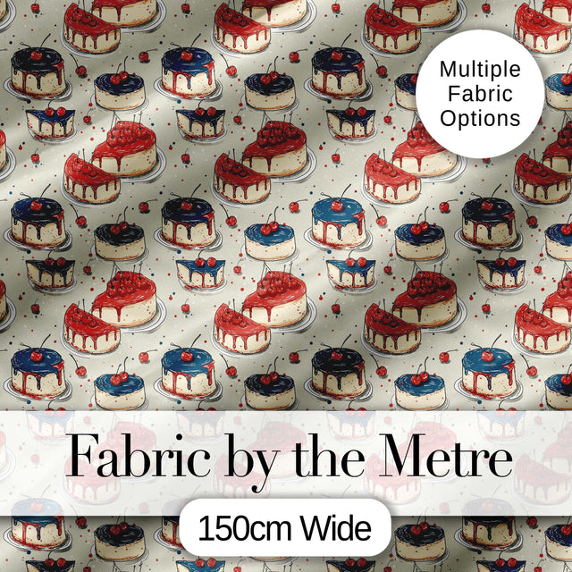 Red and Blue Glazed Cherry Cake  Dessert Seamless Pattern Digital Print Fabric by the Metre UK Sewing Quilting Textile