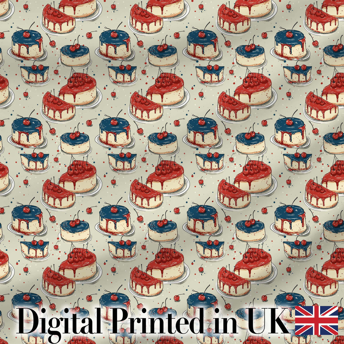 Red and Blue Glazed Cherry Cake  Dessert Seamless Pattern Digital Print Fabric by the Metre UK Sewing Quilting Textile
