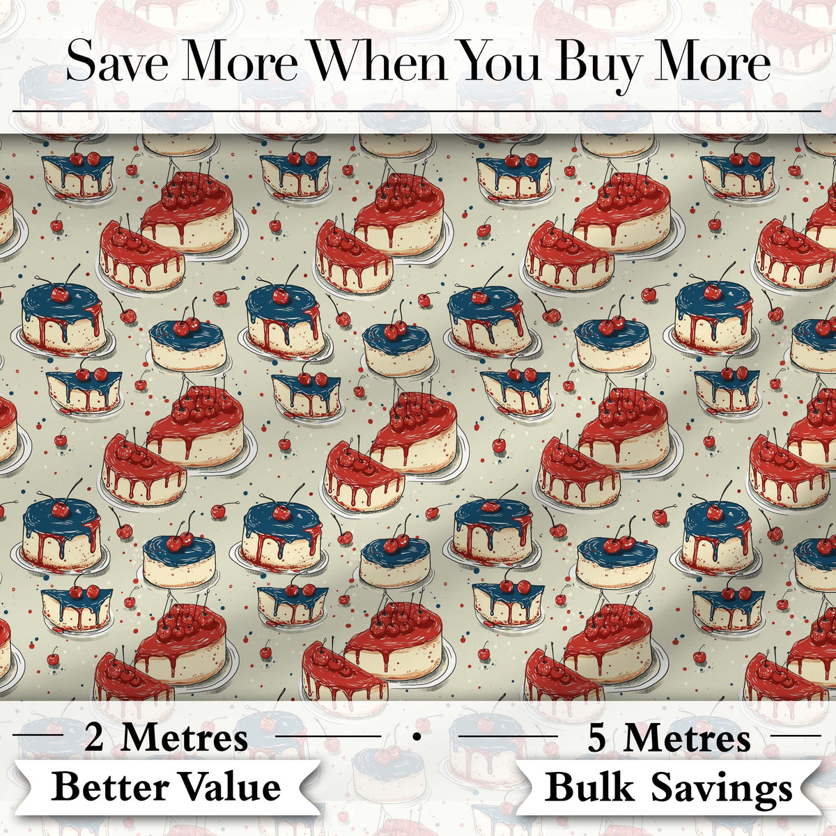 Red and Blue Glazed Cherry Cake  Dessert Seamless Pattern Digital Print Fabric by the Metre UK Sewing Quilting Textile