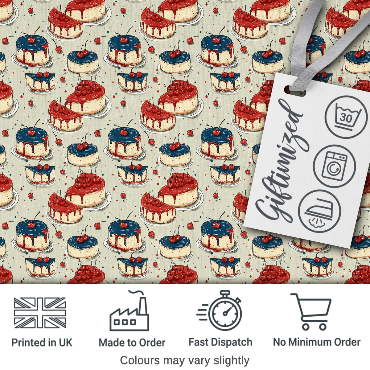 Red and Blue Glazed Cherry Cake  Dessert Seamless Pattern Digital Print Fabric by the Metre UK Sewing Quilting Textile