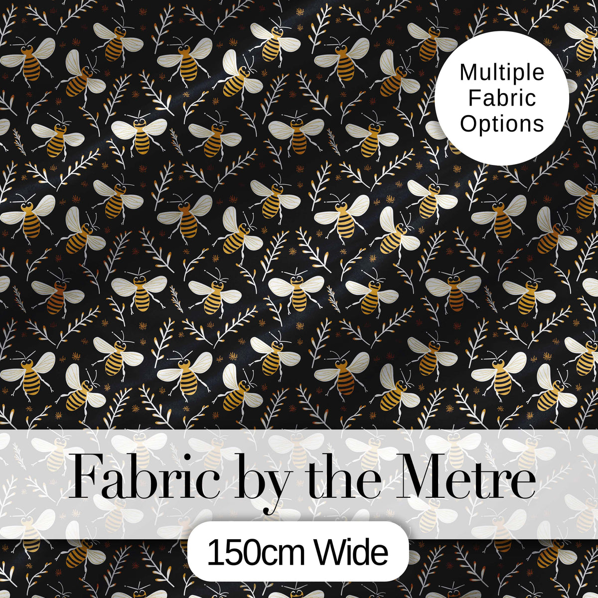 Cute Honey Bees and Botanical Leaves Dark Background Seamless Pattern Digital Print Fabric by the Metre UK Sewing Quilting Textile