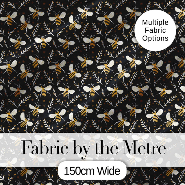 Cute Honey Bees and Botanical Leaves Dark Background Seamless Pattern Digital Print Fabric by the Metre UK Sewing Quilting Textile