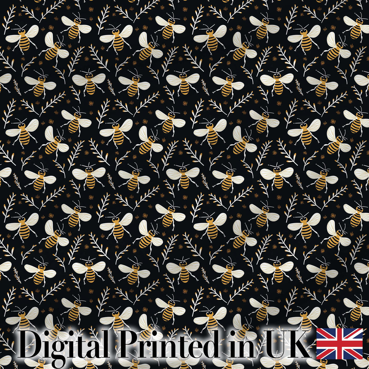 Cute Honey Bees and Botanical Leaves Dark Background Seamless Pattern Digital Print Fabric by the Metre UK Sewing Quilting Textile