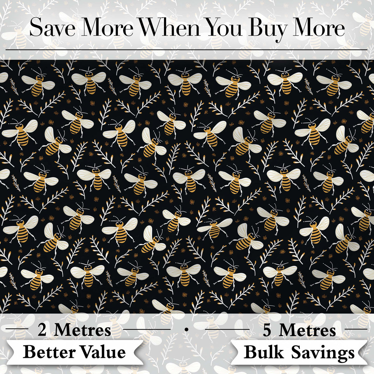 Cute Honey Bees and Botanical Leaves Dark Background Seamless Pattern Digital Print Fabric by the Metre UK Sewing Quilting Textile