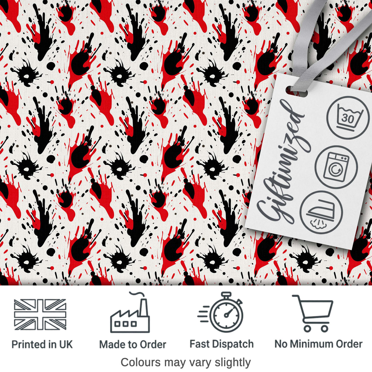 Red Black Paint Splatter Grunge Abstract Seamless Pattern Digital Print Fabric by the Metre UK Sewing Quilting Textile